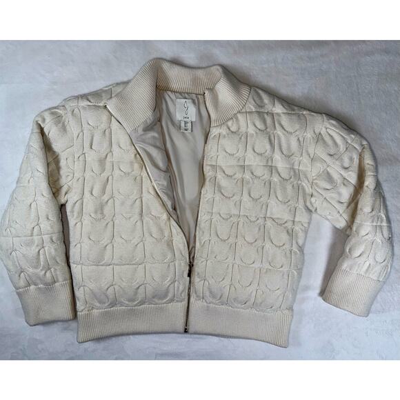 JOIE Cable Knit Cardigan Sweater Style Insulated Bomber Jacket Cream Sz Large - Picture 2 of 6